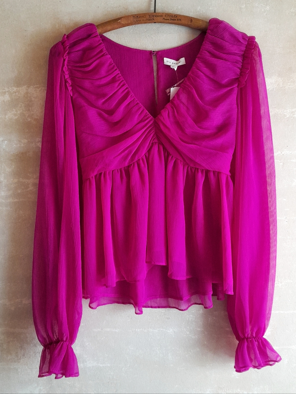 536a. NWT magenta Blu Pepper sheer babydoll long sleeve top, S